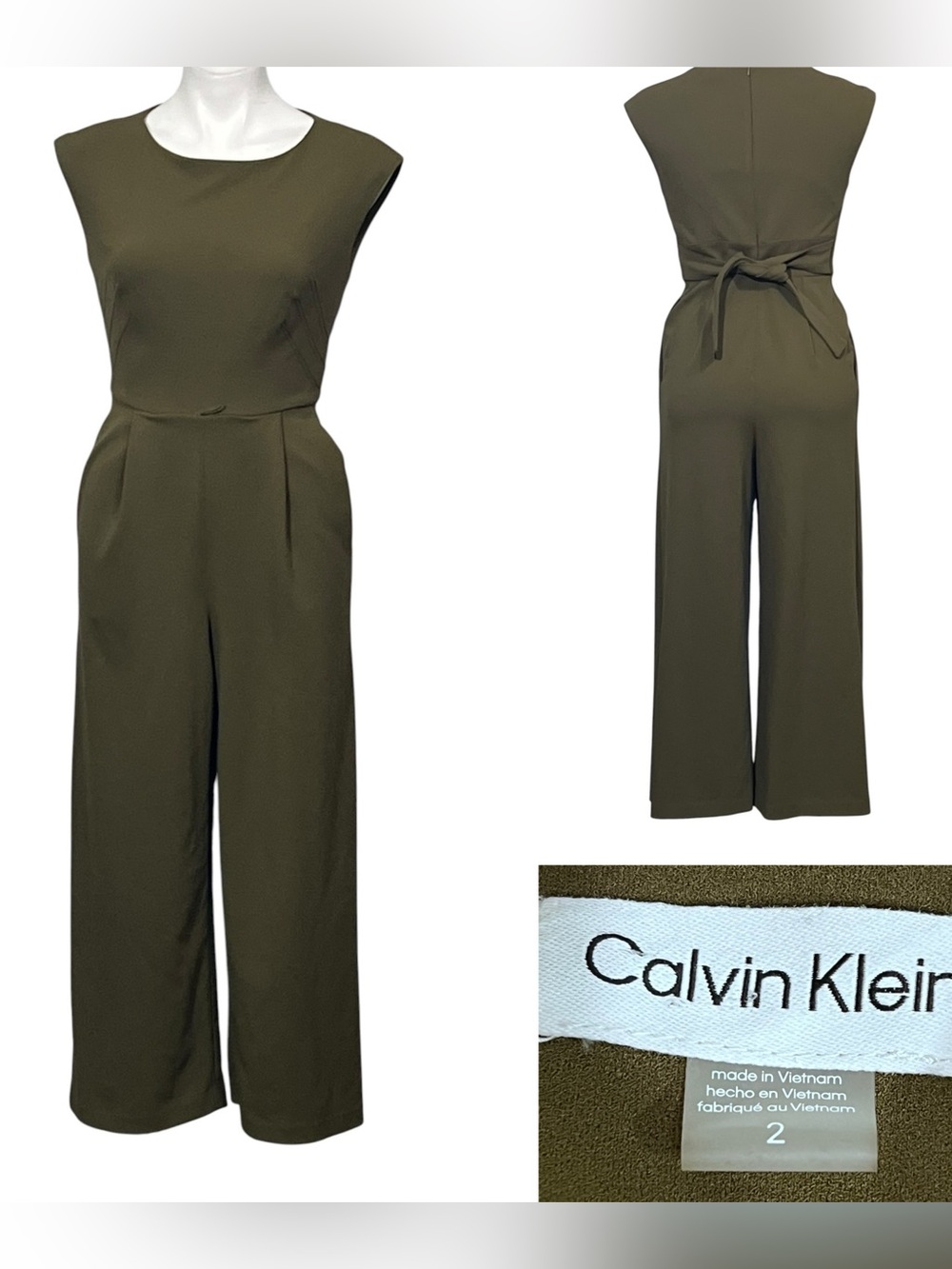 Calvin Klein Jumpsuit Sz 2 Olive Sleeveless Wide-Leg Tie-Back sleeveless stretch
